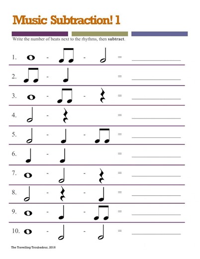 Musical Math - Subtraction 1 worksheet
