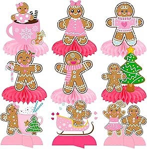 Christmas Gingerbread Man Party Honeycomb Centerpieces 12Pcs Gingerbread House Table Decorations Pink Gingerbread Snowman Theme Centerpieces for Merry Xmas Holiday Party Supplies