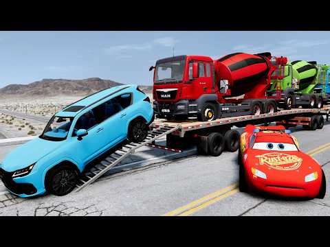 Flatbed Truck Mcqueen Transportation with Truck Pothole vs Car #52 BeamNG Drive 2