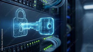 Ai security tool use coding agentic data center server lock key cyber defense firewall network access control digital lock secure server rack Stock Video