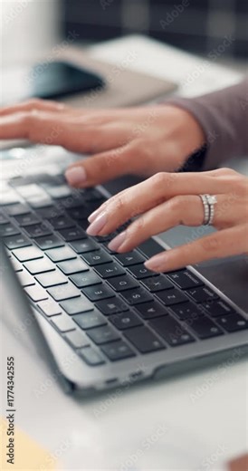 Laptop, typing and hands of business woman in office for budget report, research and account review. Portfolio manager, risk assessment and planning with employee in agency for treasurer bookkeeping