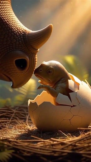A BabyTriceratops hatches and takes its first steps under mom's watchful eye 🦕❤️ #BabyDino #dinosaur