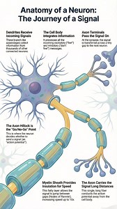 This infographic explains the structure of a neuron and the journey of a nerve impulse. Dendrites receive incoming signals, the cell body integrates information, and the axon hillock decides whether to fire an action potential. The axon carries the signal over long distances, while the myelin sheath speeds up transmission through saltatory conduction. Finally, axon terminals pass the signal to the next neuron across the synapse. #Neuron #NervousSystem #Neurobiology #HumanPhysiology #BiologyEduca
