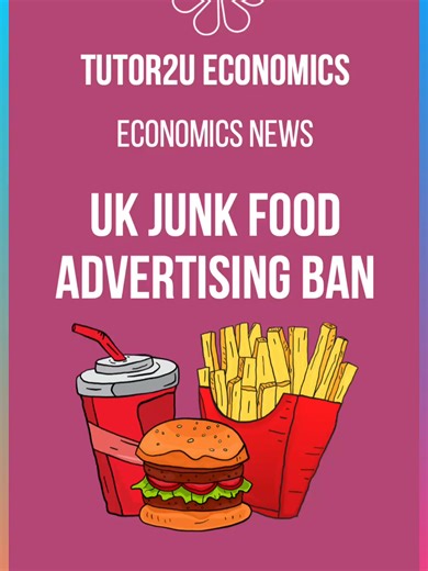 Will the Junk Food Ad Ban Actually Work? I Economics in the News The UK has introduced a junk food advertising ban targeting products high in fat, salt and sugar (HFSS), aiming to tackle rising obesity rates. TV adverts for these products are banned before the 9pm watershed, while paid online advertising is banned entirely. The policy reflects the economics of demerit goods and negative externalities of consumption, as obesity imposes significant third-party costs - estimated at £11 billion per 