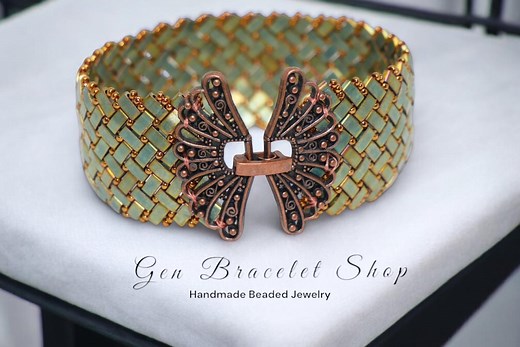 Handmade Green Miyuki Tila Herringbone Bracelet - Unique Glass Bead Boho Jewelry - Etsy