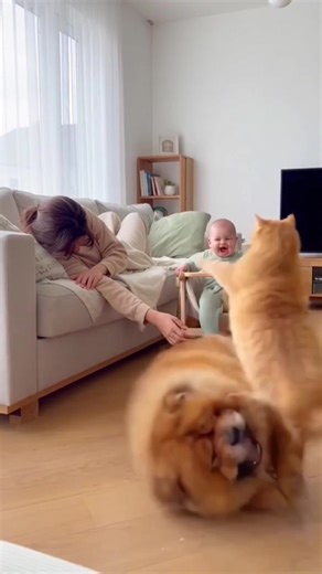 🐶🐔 Teddy drops a LIVE chicken on sleepy Maple 😴💥. The chicken flaps and clucks like crazy 🐔😱, Maple explodes awake and rockets across the living room 💨😹—BUMP! He crashes into the baby chair, it almost tips over 😬👶. The baby laughs nonstop 🤣 while the owner screams and chaos spreads everywhere—feathers, barking, clucking, total madness! Teddy just watches like, “Best prank ever!” 😂🔥 #chowchowshowai #dog #cat #pets