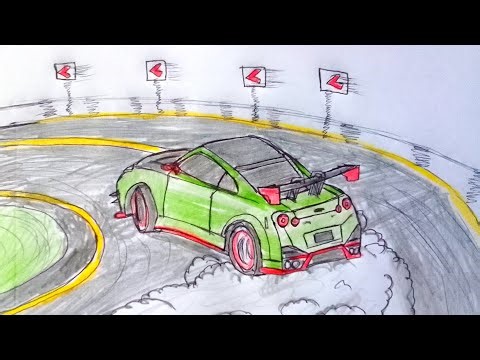 Drawing a GTR Drifting Car Sketch | How to draw a Nissan GT-R