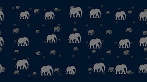Elephants float horizontally from left to right. Parallax fly effect. Floating symbols are located randomly. Seamless looped 4k animation on dark blue background