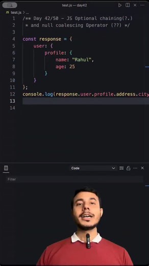 🧠 Dhiraj Kaushik | Full Stack Dev & Tech Creator 👁 on Instagram: "🚀 Day 42/50 Optional Chaining + Nullish Coalescing Operator 🔥 “Cannot read property of undefined” se pareshaan? Aaj se nahi! JavaScript me deeply nested data access karte time sabse bada dard hota hai undefined errors. Aur isi problem ko solve karta hai — ✅ Optional Chaining (?.) Ye ensure karta hai ki agar koi bhi object missing ho, JS error throw nahi kare, bas undefined return kare. ✅ Nullish Coalescing Operator (??) Undefi