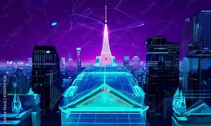A grand neoclassical bank building with towering columns and ornate carvings, glowing in vibrant neon blues and pinks