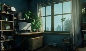 Isometric messy nostalgic bedroom with gaming PC setup, bookshelves and plants - 3D concept art