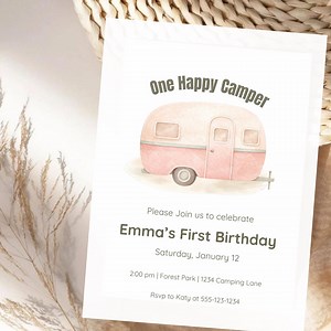 One Happy Camper First Birthday Invitation, Girl Camping Birthday Invite, Editable Canva Template - Etsy