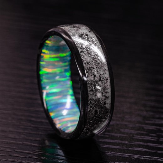 Meteorite Glow Ring: Carbon Fiber, Opal Liner, Handmade Space Jewelry - Etsy