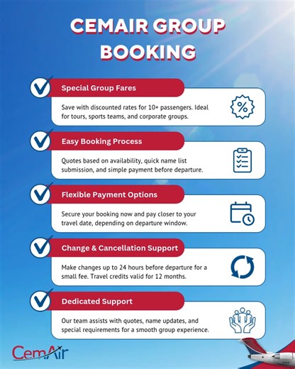 Travelling with a team, tour, or corporate group? 🧳 Our CemAir Group Booking fares offer special discounted rates for 10 passengers. Benefit from flexible payment, easy name list submission, and dedicated support for changes and cancellations. Simplify your travel planning today! Get started by emailing our Trade Support team: tradesupport@cemair.co.za | CemAir