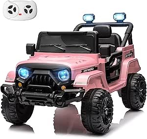 MINIATURE MOTORS 12V Kids Electric Ride on Truck Car Remote Control, Twin 35W Motors 3.5MPH Max Speed, Bluetooth Music Player, 4 Wheels Suspension LED Lights Safety Belt Gift for Boys Girls-Light Pink