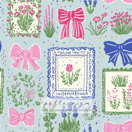 Coquette Bow Patchwork Seamless Pattern – Blue Vintage Crayon Floral Frames, Girly Ribbon Collage Repeat Digital Paper - Etsy