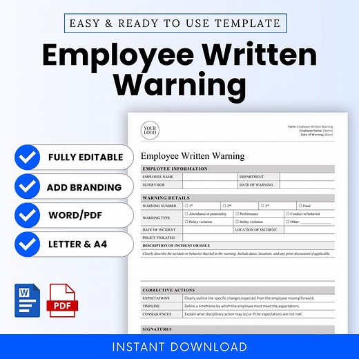 Employee Written Warning Template (word, PDF) | Editable Employee Warning Notice Template, Employee Discipline Form, Employee Write Up - Etsy