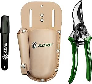 Adre Pruning Shears with Leather Sheath – Complete 3-Pack with Pruning Shears for Gardening, Pruner Holster and Carbide Blade Sharpener – Professional Gardening Tools for Pruning, Cutting, Clipping