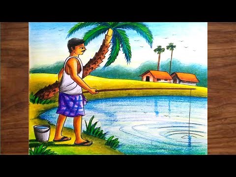 How to draw a man fishing step by step / Fishing scenery drawing for beginners