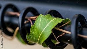 Extreme closeup of leaf veins caught on the corkscrew design of snapin gutter guard during obstruction study.