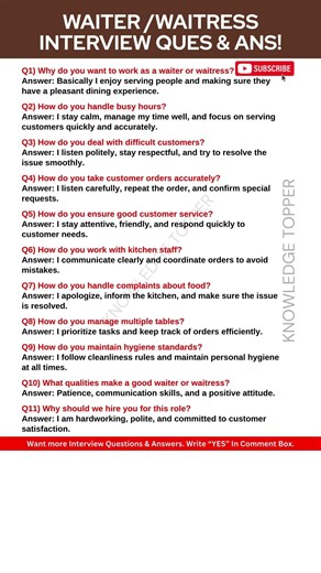 Waiter Interview Questions and Answers | Waitress Interview Questions and Answers
