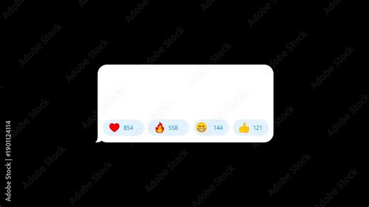 Animated whatsapp chat message bubble template with increasing emoji reactions. Social media messenger feedback interface. Telegram blog overlay mock up, with reaction counting numbers. Transparent