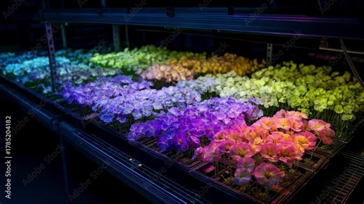 Researchers document and analyze distinctly colored flower mutants under bright lighting to track genetic changes during mutation breeding processes.