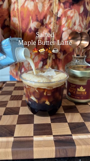 Hayley Robinette on Instagram: "Salted Maple Butter Latte 🍁🧈🍂☕️ Once you try this maple butter you will want to add it to everything! Ingredients: 1 tbs Maple Butter (Trader Joe’s) Dash of Salt Espresso (double) Milk of choice ( I used oat milk) Method: Add the maple butter, salt and espresso to your cup. Give that a good stir or use a frother. Top with ice and milk of your choice! You can always brew your espresso over the maple butter as well. Enjoy! #falldrinks #maple #maplebutter #coffee 