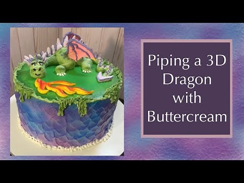Cake design. How to pipe a 3D buttercream Dragon on a cake. Dragon scales with a spatula, on sides.