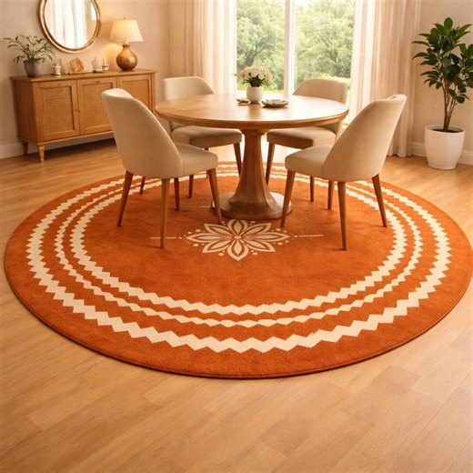 Round Boho Mandala Rug, Burnt Orange Circular Area Rug, Terracotta Dining Room Carpet With White Pattern - Etsy