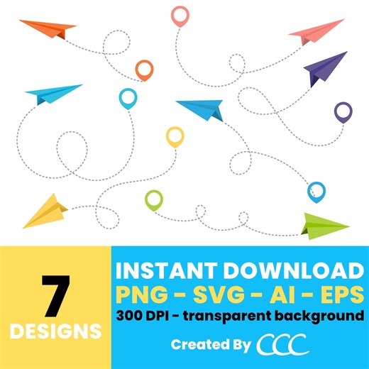 Paper Airplane Clipart – Colorful Airplanes With Dashed Flight Paths, Vector Graphics for Creative Projects, Instant Download – CLP1095 - Etsy