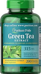 Puritan's Pride Green Tea Standardized Extract 315mg, Dietary Herbal Supplement for Antioxidant Health Support, EGCG, 3 Month Supply, 200 Rapid Release Capsules