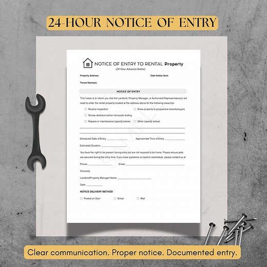 24-hour Notice of Entry to Rental Property | Landlord Unit Management Template | Property Access Form | Fillable PDF - Etsy