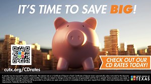 Invest without the risk! Let CUTX help you positively push your savings forward with a Certificate of Deposit (CD). If you are interested in scheduling an appointment to open a CD or have any questions, call us at 972-263-9497. Learn more about our Certificates of Deposit here: cutx.org/certificates-of-deposit. | Credit Union of Texas