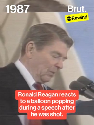 In 1987, U.S. President Ronald Reagan reacted casually when a balloon popped while he was speaking on stage, making a joke in reference to a 1981 assassination attempt that resulted in him getting shot. #RonaldReagan #President #Rewind #1980s