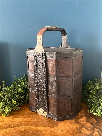 Antique Asian Wedding Basket, Large Hand Carved Wood & Woven Decorative Storage Basket - Etsy