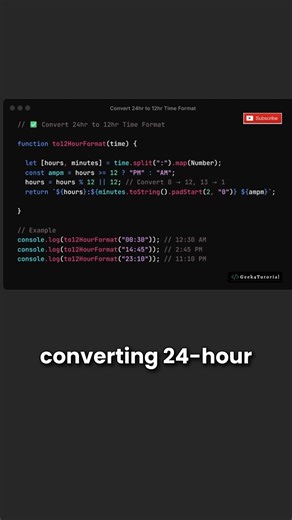 How to convert 24hr time to 12hr time format in JavaScript? . . . . . #javascript #reactjs #html #css #jquery #frontend #webdeveloper #string #interviewquestions #javascriptdeveloper #programming #codingmemes #codingchallenge #cod #codingmemes #coder #microsoft #aws #azure #gcp #api #github #backend #programming #reels #reelsinstagram #trendingreels #trending #aws #trendingréels | Geek4Tutorial