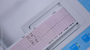Examining heart rate and beat at medical equipment. Close up. Test result appearing on the special paper.
