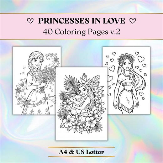 40 Princesses on Love Coloring Pages for Kids, Printable Bundle (digital Download) A4/US Letter Size - Etsy