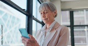 Senior business woman, smartphone and reading news app in office for social networking, mobile chat and contact. Corporate executive entrepreneur typing on cellphone, search information or scroll app