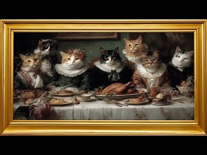 Vintage Cats at Thanksgiving Dinner Background | Frame TV Art 4k Turkey Dinner Screensaver