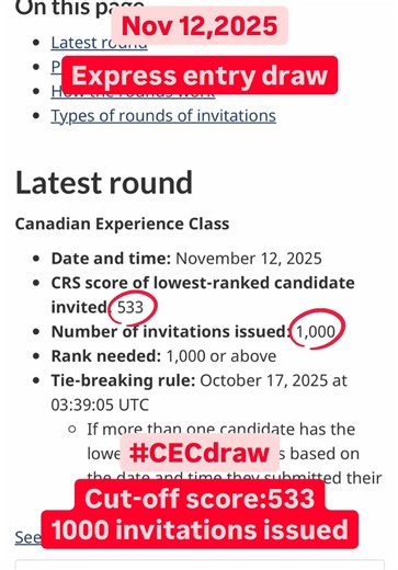Express entry draw for CEC candidates on Nov 12. Cut-off score: 533 Total number of invitations: 1000 #irccupdates #expressentrydraw #cecdraw #immigrationtips #canadaimmigration