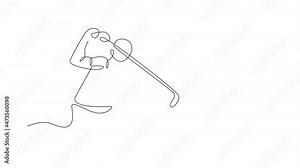 Animated self drawing of continuous line draw young golf player swing golf club and hit the ball. Leisure sport concept. Full length single line animation illustration for tournament promotion media.