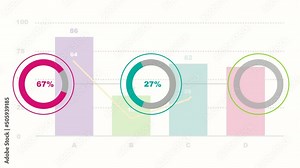 Connected donut charts against bar graph on the background. 4K animation for business presentation.