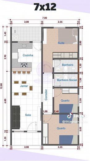 Projeto de Casa 7x12 com 3 Quartos e Banheiros