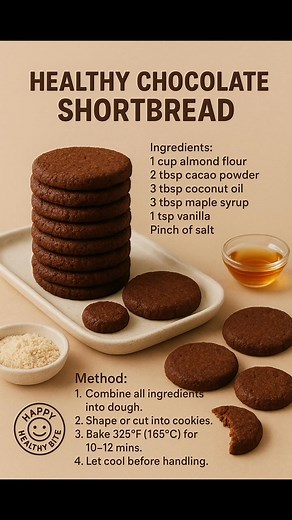 ⭐ 2. Healthy Chocolate Shortbread Ingredients: • 1 cup almond flour • 2 tbsp cacao powder • 3 tbsp coconut oil • 3 tbsp maple syrup • 1 tsp vanilla • Pinch of salt Method: 1. Combine all ingredients into dough. 2. Shape or cut into cookies. 3. Bake 325°F (165°C) for 10–12 mins. 4. Let cool before handling. #healthy #ChefLife #chef #homemade #glutenfree #fblifestyle | HappyHealthy Bites