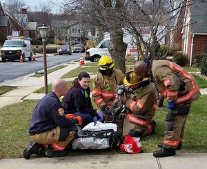 Firefighters Give First Aid To Dog In Parkville