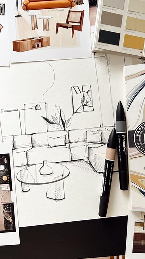 Anna Katkova on Instagram: "Quick pen interior sketch & the story behind how It sparked my love for interiors ⬇️ Back in 2015–2016, when I was searching for my drawing style - after drawing everything from fashion, travel, watercolor, to markers (seriously, I need an exhibition for all my old work! 😄) - I started noticing a pattern: I kept coming back to this style - quick, minimalistic sketches drawn with a single black pen. It felt like capturing the essence of an idea without overcomplicatio