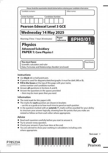 Pearson Edexcel Level 3 GCE JUNE 2025 Chemistry Advanced Subsidiary PAPER 1 QUESTION PAPER