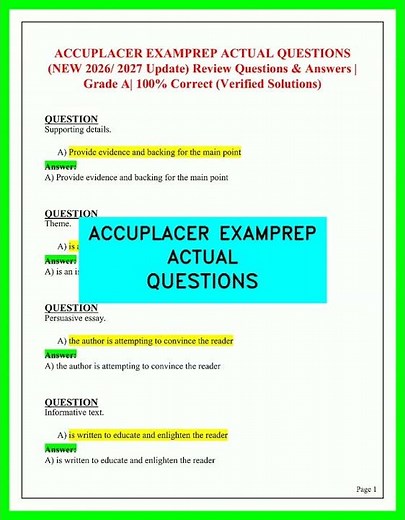 ACCUPLACER Exam Prep 2026 Actual Questions & Answers Full Practice Test Latest Verified Aid